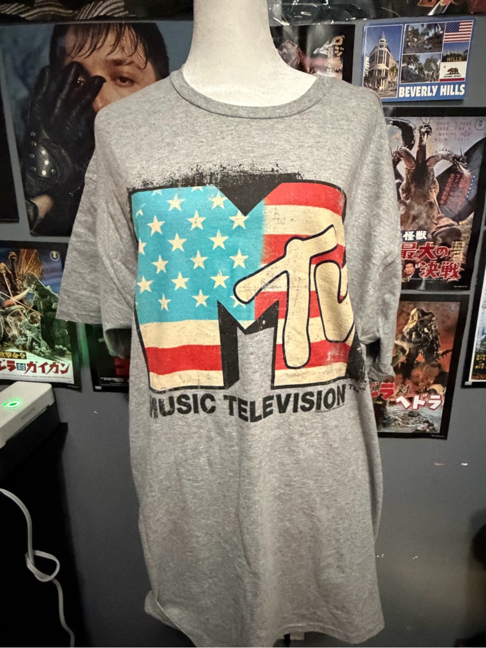 MTV Grey Tee with Red, Blue & White Flag Logo